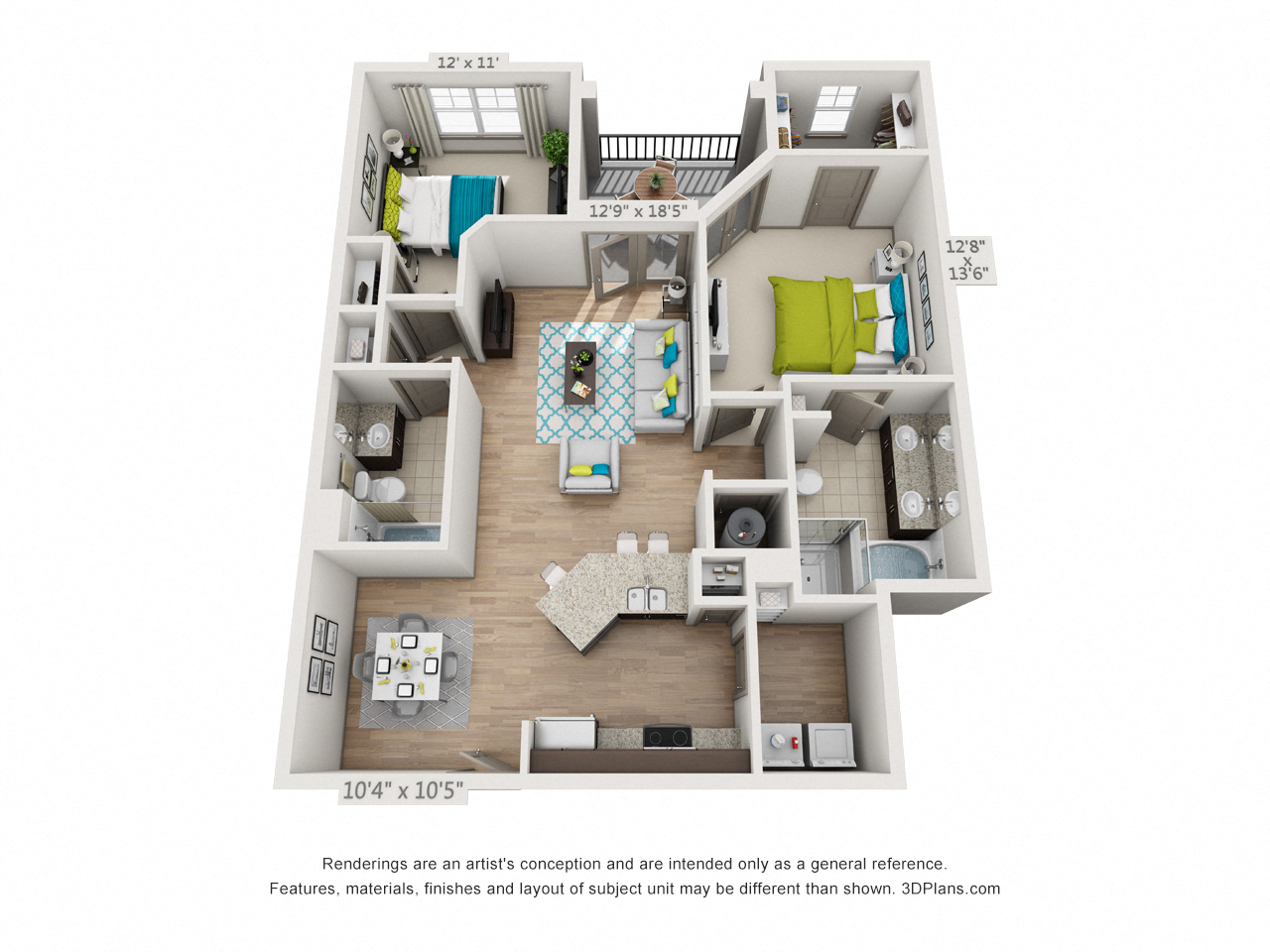 Floor plan for 2 beds, 2 baths, 1155 sqft